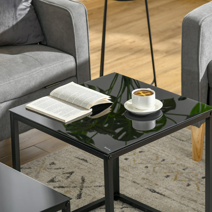 Modern Nesting Side Table Duo - Tempered Glass Top with Sleek Black Frame - Versatile Accent Tables for Living Room, Bedroom, or Office