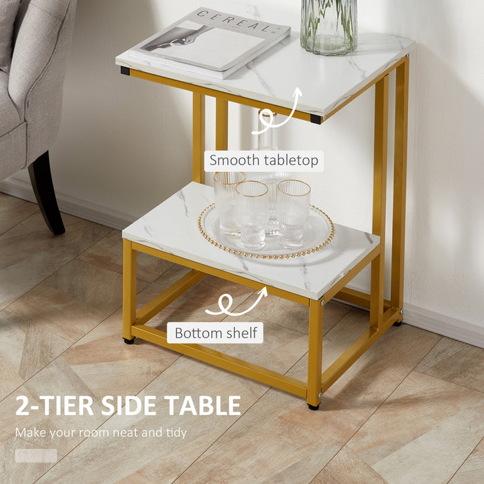 Double Layer Modern Side Table with Steel Frame - Versatile End Table with Adjustable Non-Slip Feet - Ideal for Living Room or Bedroom, Sleek White Design