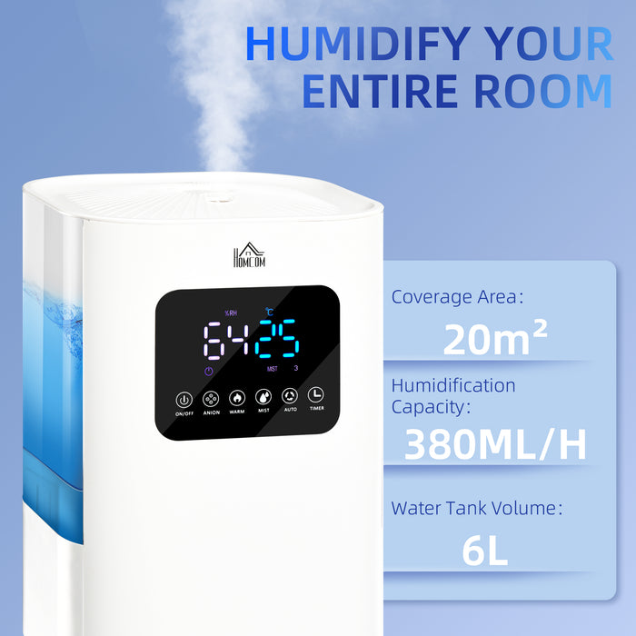 Warm & Cool Mist Humidifier 6L - Bedroom Air Humidifier with LED Display, Quiet Operation, Remote Control - Auto Mode, 13H Runtime for 20㎡ Spaces, White