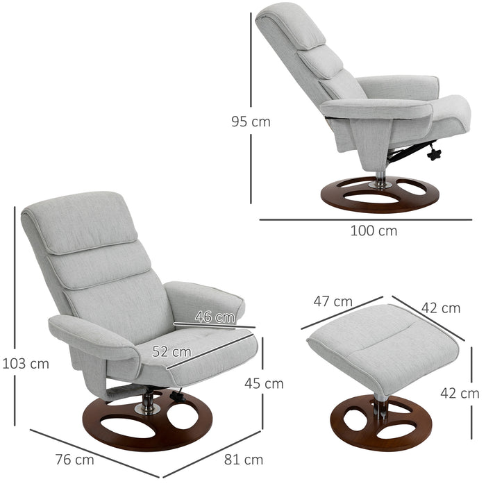 360° Swivel Recliner Chair and Ottoman Set - Modern Sofa Stool with Soft, Thick Padding and Wood Base in Grey - Comfortable Lounging for Home or Office