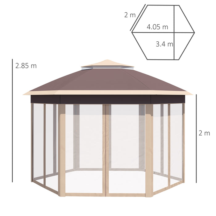 Hexagon Instant Pop-Up Gazebo - Double Roof Outdoor Patio Shelter with Netting, 3x4m, Khaki - Ideal for Garden Parties and Events