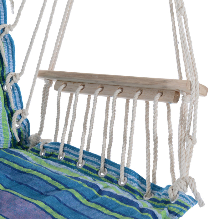 Outdoor Rope Swing Chair with Wooden Accents - Garden & Patio Cotton Hammock with Armrests and Footrest in Blue - Comfy Lounge Spot for Relaxation and Leisure