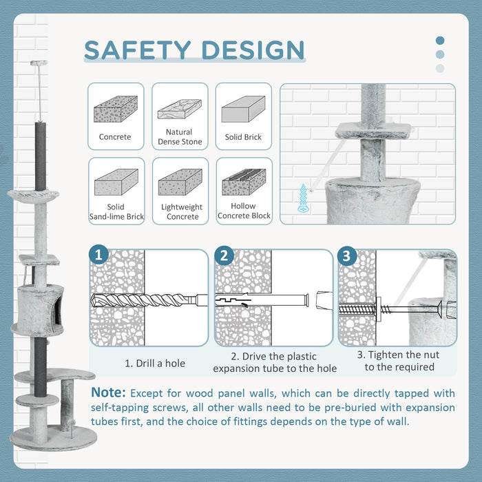 Height-Adjustable Cat Tower - 255cm Floor-Ceiling Tree, Scratching Posts, Hammock, Cozy House, Sturdy with Anti-tip Kit, Perches & Toys - Ideal for Climbing & Lounging Felines