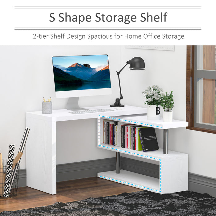L-Shaped Swivel Corner Desk - 360° Rotating Home Office Workstation with Storage Shelf - Ideal for Writing & Computer Setup in White
