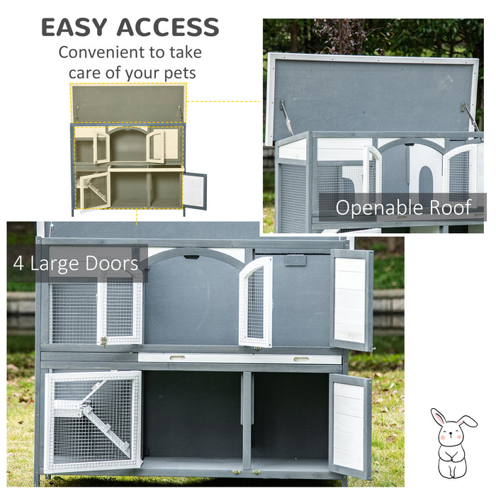 Wooden Two-Tier Rabbit Hutch with Openable Roof - Guinea Pig Cage with Slide-Out Tray & Ramp, Grey - Ideal for Small Pet Housing and Easy Maintenance