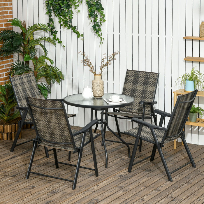 5-Piece Rattan Outdoor Dining Set - PE Rattan Folding Chairs with Round Glass-Top Table and Umbrella Hole - Ideal for Patio and Garden Entertainment