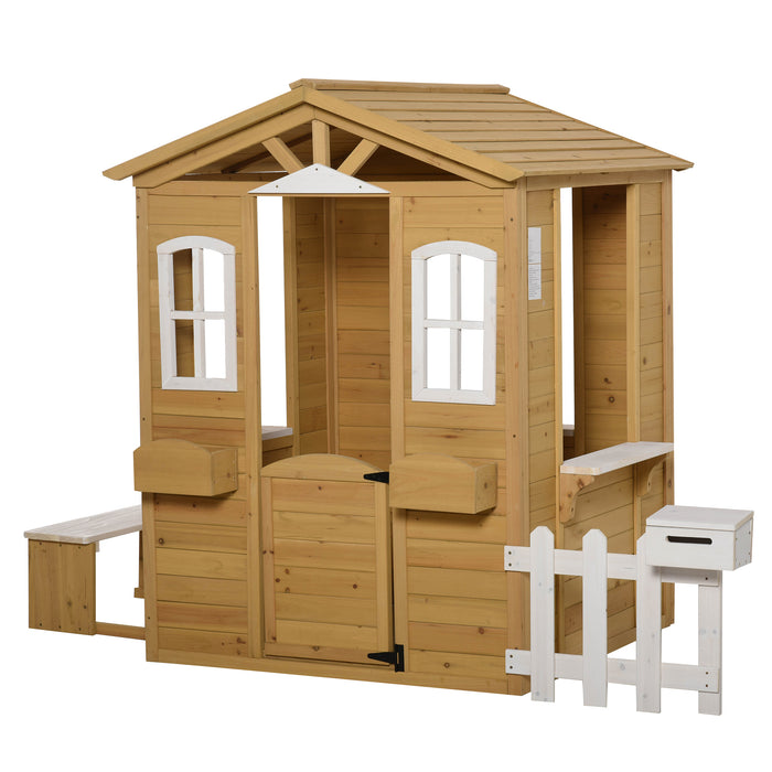 Wooden Playhouse with Accessories - Outdoor Playhouse with Doors, Windows, Mailbox, and Flower Pot Holder - Fun and Creative Play for Kids and Toddlers