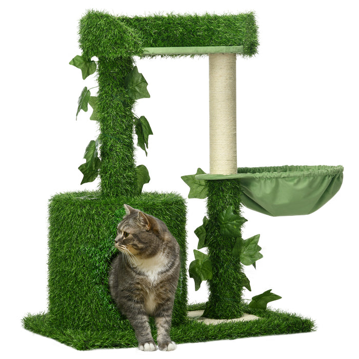 Multi-Tier Cat Climbing Tower with Lush Green Leaves - Indoor Cat Tree with Sisal Scratching Posts, Perch Hammock, and Cozy Condo - Ideal for Playful Cats and Kittens to Climb, Scratch & Relax