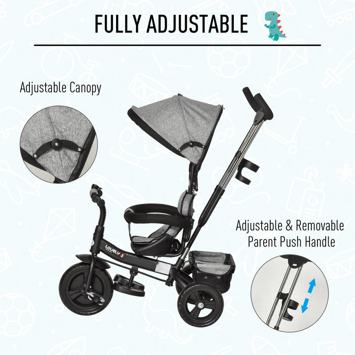 2-in-1 Toddler Bike and Tricycle Stroller with Push Handle - Detachable Guardrail, Storage Bag, and Convertible Push Along Design for Kids - Grey Cloth Tricycle for Easy Parent Steering and Child Comfort