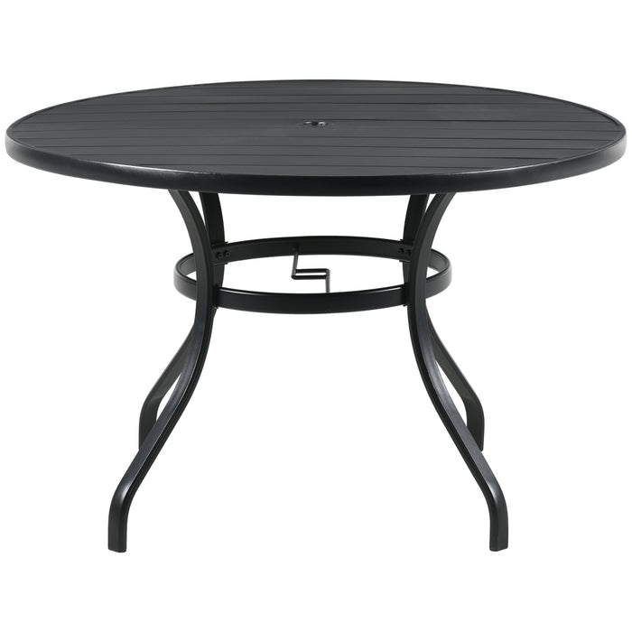 Outdoor Round Patio Table - Garden Dining with Parasol Hole and Slatted Metal Top, Seats Four - Ideal for Al Fresco Meals and Backyard Gatherings