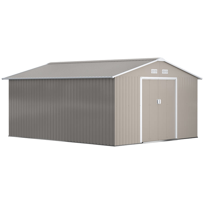 Metal Storage Shed 13x11ft - Outdoor Garden Organizer with Foundation, Ventilation, and Doors - Spacious Solution for Tools and Equipment Storage, Light Grey