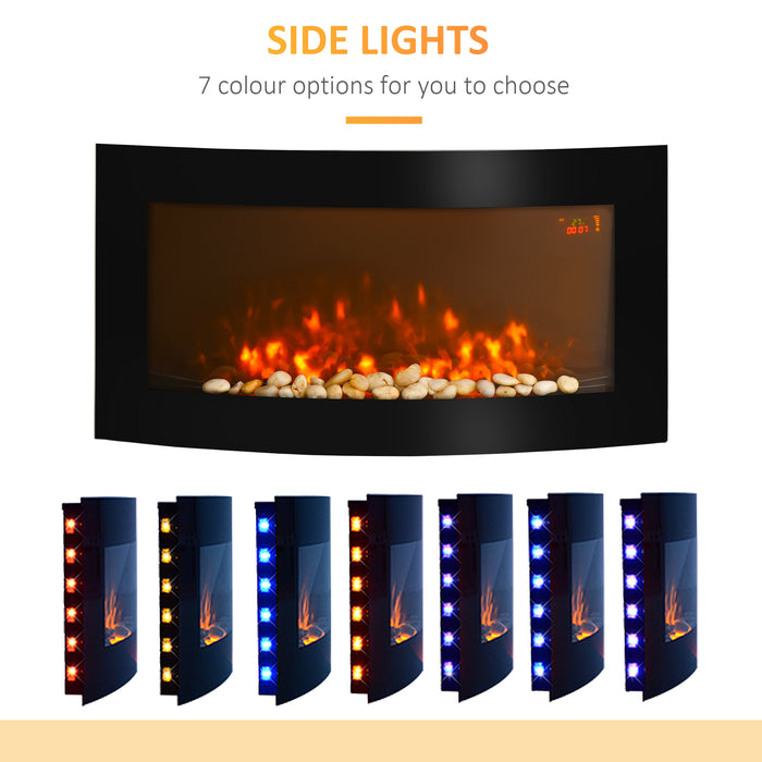 Curved Glass LED Electric Fireplace with 7 Colour Side Lights - Wall Mounted, Slimline Design, 1000/2000W Heating - Enhances Ambiance for Modern Homes, Size 89.2cm x 48cm