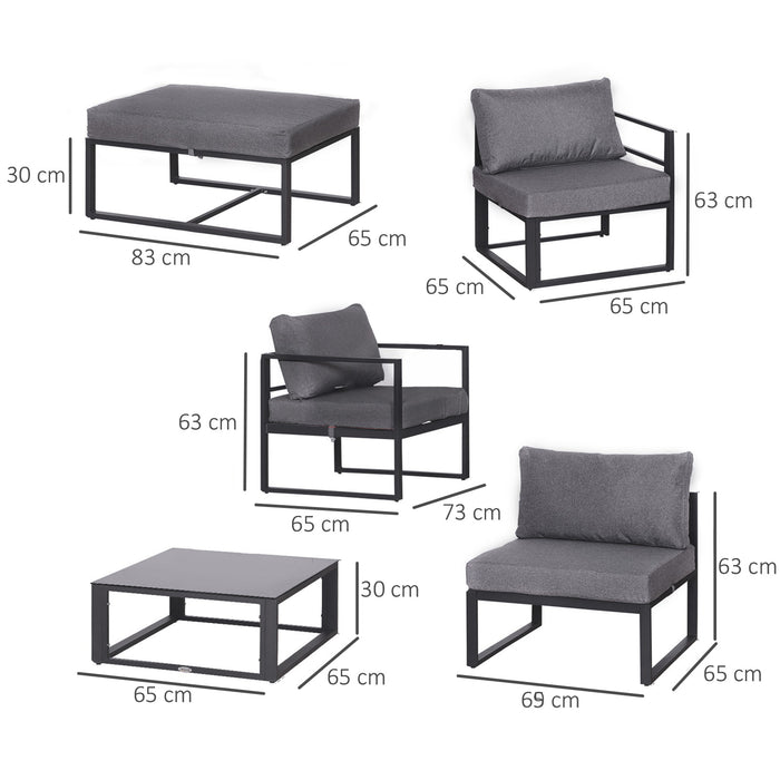 Aluminium Frame 5-Seater Sectional Sofa Set with Footrest - Outdoor Indoor Thick Padded Cushions and Coffee Table - Comfortable Lounging for Patio or Living Room