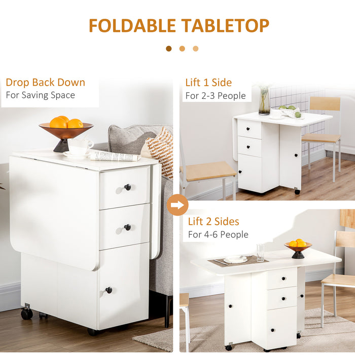 Extendable White Dining Table - Spacious Folding Table with Drop Leaf, Storage Drawers, Cabinet & Shelf - Ideal for Small Spaces, 4-6 People Seating on Wheels