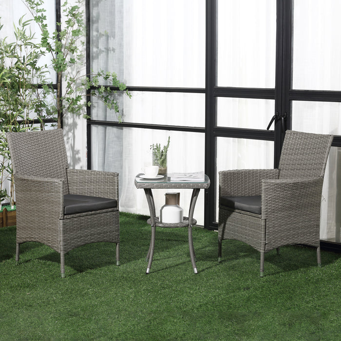 Three-Piece Rattan Bistro Set - Cushioned Wicker Weave Chairs with Matching Table for Gardens and Conservatories - Ideal for Outdoor Relaxation and Dining