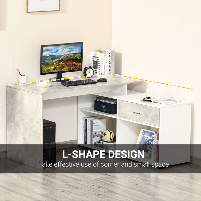 L-Shaped Workstation with Shelves and Drawer - Grey and White Home Office Corner Computer Desk - Ideal for Space Saving and Study Environments