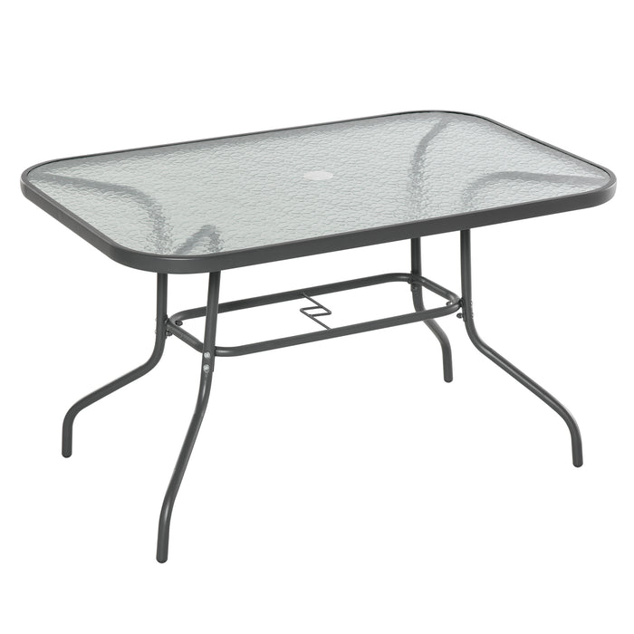 Curved Metal Framed Glass Top Dining Table - Outdoor Garden and Balcony Furniture with Parasol Hole - Sturdy Grey Table for Family and Friends Entertainment