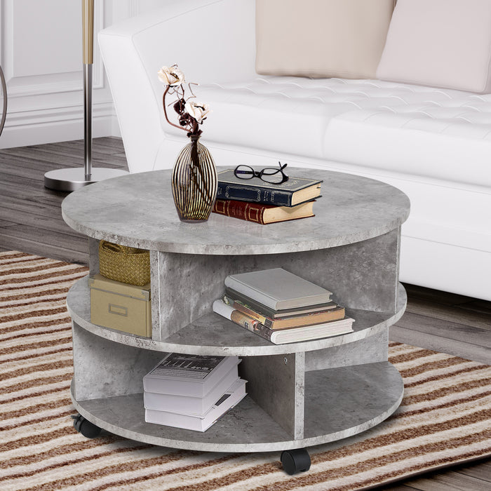 Round 2-Tier Side Table with Divided Shelves - Mobile Coffee and Tea Storage Unit in Cement Finish - Space-Saving Organizer for Living Room