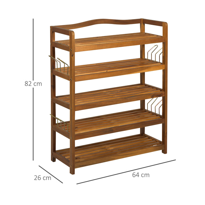 Acacia 5-Tier Shoe Rack - Wooden Shoe Storage Organizer with Side Hangers for 24 Pairs - Ideal for Entryway and Living Room, Teak Finish, 64x26x82cm