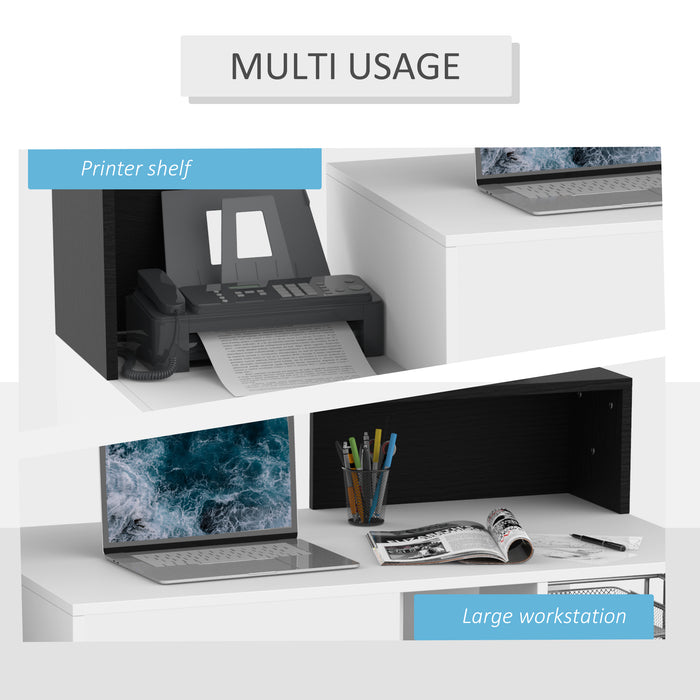 Modern Home Office Computer Desk with Printer Shelf - Writing Workstation with Storage Drawer and Shelves - Ideal for Study Room and Small Spaces, Black and White Design