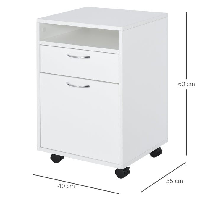 Mobile Office Storage Cabinet with Drawer - 60cm White Unit with Open Shelf & Metal Handles - Home Organiser on 4 Wheels for Office Supplies & Printer