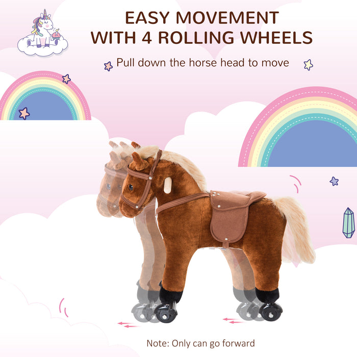 Plush Rocking Horse with Wheels - Wooden Base, Ride-On Pony with Sounds for Toddlers - Interactive Walking Toy for Young Children, Ideal Gift for Little Riders