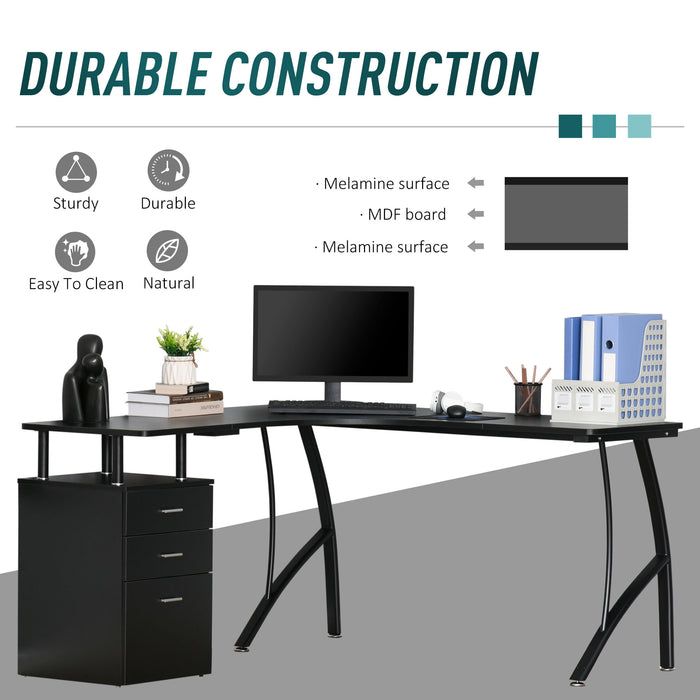 Industrial L-Shaped Desk - Home Office Corner Workstation with Storage Drawer - Sturdy Computer Table for Productive Workspace, Black