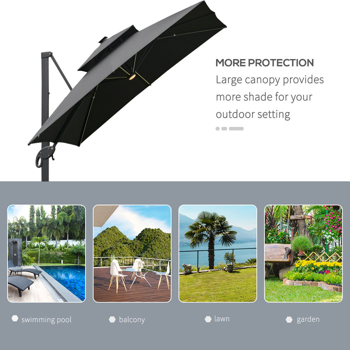 Cantilever Roma Parasol with LED Solar Light - 3x3m Outdoor Sun Umbrella with 360° Rotation and Cross Base - Ideal for Patio, Backyard in Dark Gray