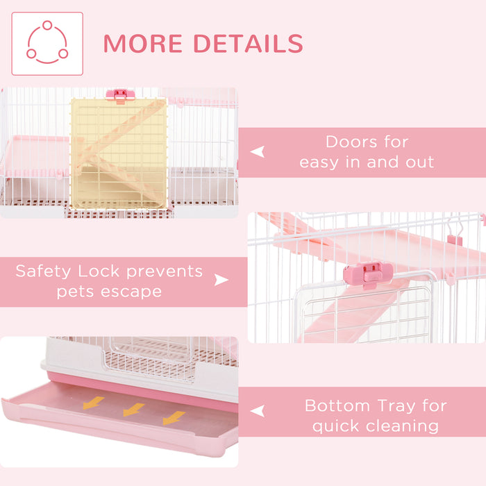 Multi-Level Small Pet Habitat with Wheels - 4-Tier Cage for Bunnies, Ferrets, Chinchillas - Easy Mobility & Cleaning with Removable Tray in Pink