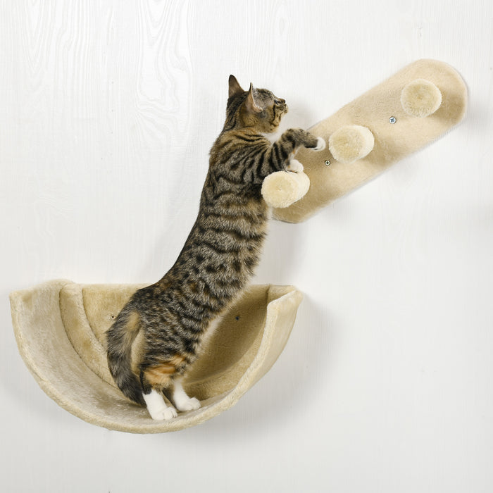 Cat Climbing Fun Station - Wall-mounted 4-Piece Shelf Set with Hammock, Scratching Post, and Jumping Platforms - Beige Kitten Activity Center for Playful Climbing and Lounging