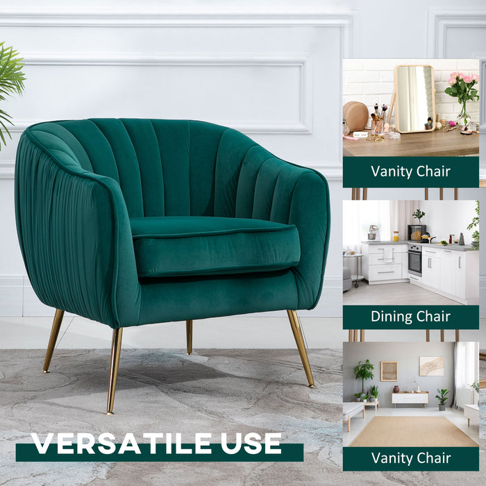 Velvet-Feel Lounge Chair - Plush Green Tub Armchair with Elegant Gold Tone Legs - Stylish Comfort for Living Room and Office