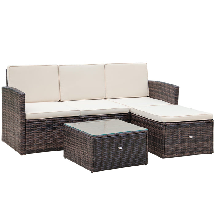 Outdoor Rattan Furniture Set - 4-Seater Corner Sofa with Coffee Table and Footstool, Thick Brown Cushions - Ideal for Patio and Garden Entertaining