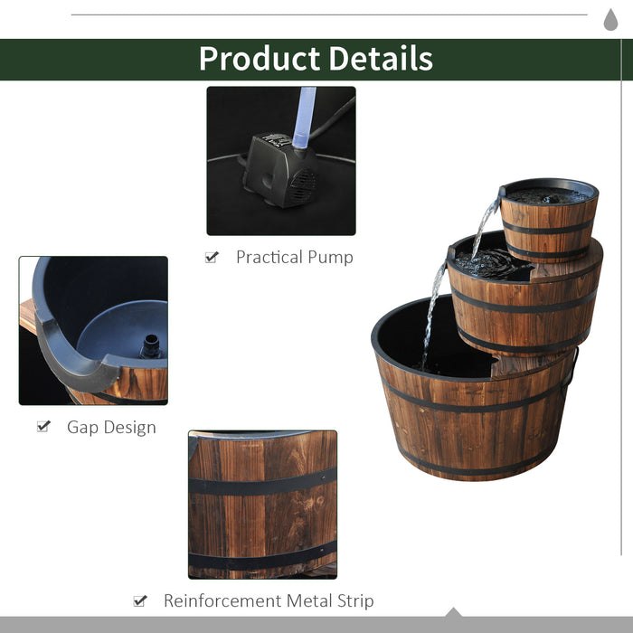 Rustic Wooden Barrel Water Fountain - 3-Tier Cascading Pump Feature for Garden and Deck - Enhances Outdoor Ambiance