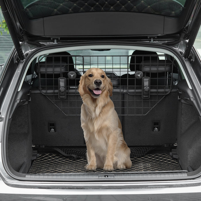 Adjustable Car Dog Guard - Metal Mesh Boot Barrier for Pet Safety, Headrest Mount, 90-120cm W x 40.5cm H - Ideal for Dog Owners to Secure Pets While Driving