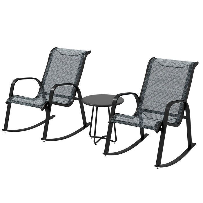 Outdoor Patio Rocking Chair Set - 3-Piece Bistro Set with Metal Coffee Table & Breathable Mesh Fabric - Ideal for Garden Relaxation & Entertaining