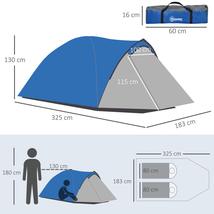 2-Person Dome Camping Tent with Large Windows - Waterproof, Spacious Design in Blue and Grey - Ideal for Couples or Solo Adventurers