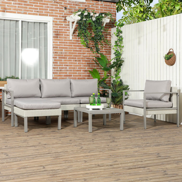 Outdoor Elegance Lounge Ensemble - 6-Piece Patio Furniture Set with Sofa, Armchair, Stool & Metal Table, Cushions Included - Ideal for Garden and Deck Comfort, Light Grey