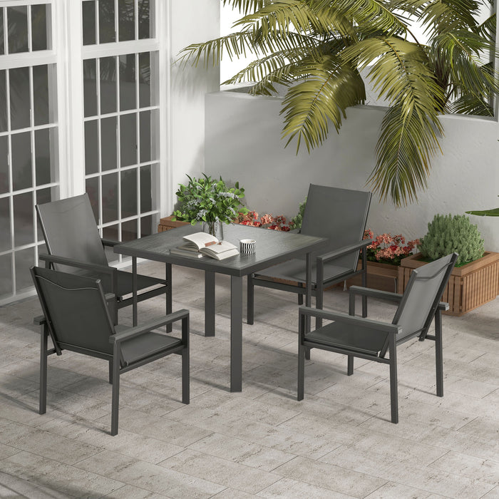 5-Piece Patio Dining Set with Glass-Top Table & Umbrella Hole - Outdoor Furniture with 4 Breathable Mesh Armchairs - Ideal for Garden Entertainment and Relaxation