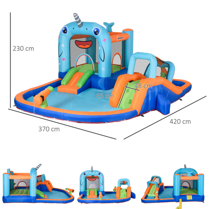 5-in-1 Narwhal-Themed Inflatable Bounce Castle - Slide, Trampoline, Pool, Climbing Wall & Water Gun Fun - Complete with Air Pump & Carry Bag for Easy Storage