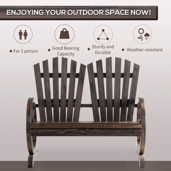 Outdoor Adirondack Wooden Love Chair - 2-Seater Garden Bench with Wheel-Shaped Armrests in Carbonized Color - Ideal for Couples and Cozy Spaces