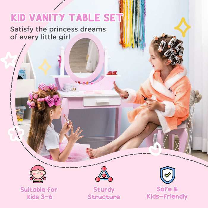 Kids Vanity Set with Stool and Mirror - Girls Pink Dressing Table with Drawer, Round Legs - Makeup Desk for Ages 3-6 Years Old