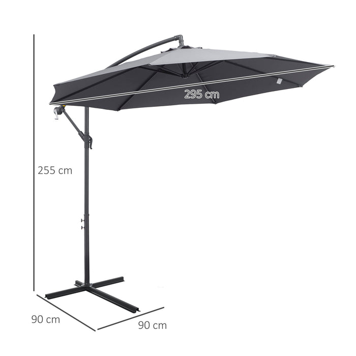 Garden Banana Parasol Cantilever Umbrella - Grey 3m Outdoor Sun Shade with Crank Handle and Cross Base, 8 Ribs - Ideal for Patio, Relaxation, and UV Protection