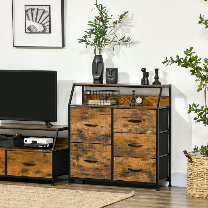 Industrial Dresser with 5 Fabric Drawers - Rustic Brown Bedroom Chest with Open Shelf - Space-Saving Storage for Living Room or Bedroom