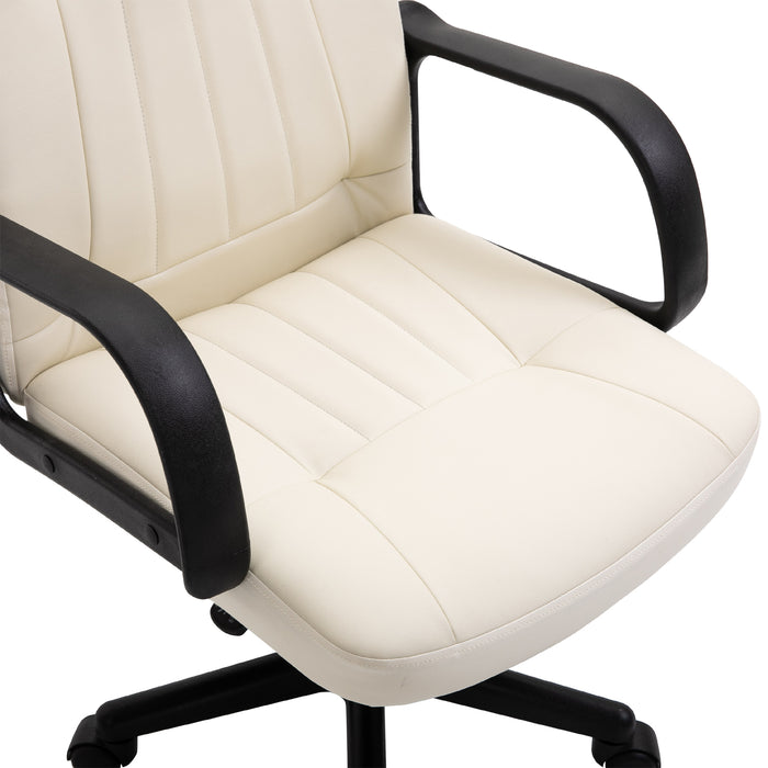 Swivel Mid-Back Executive Chair in Cream PU Leather - Comfortable Desk Chair with Arms and Wheels for Home Office - Ideal for Adults Seeking Style and Mobility