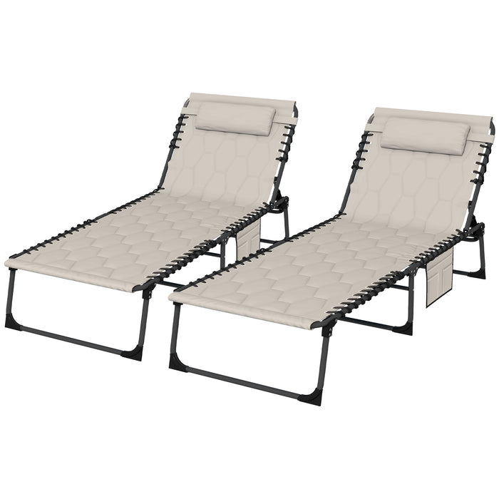 Foldable Sun Lounger Set with 5-Level Back Recline - Padded Seat Outdoor Tanning Chairs with Side Pocket & Headrest - Ideal for Beach, Yard, Patio Relaxation in Khaki