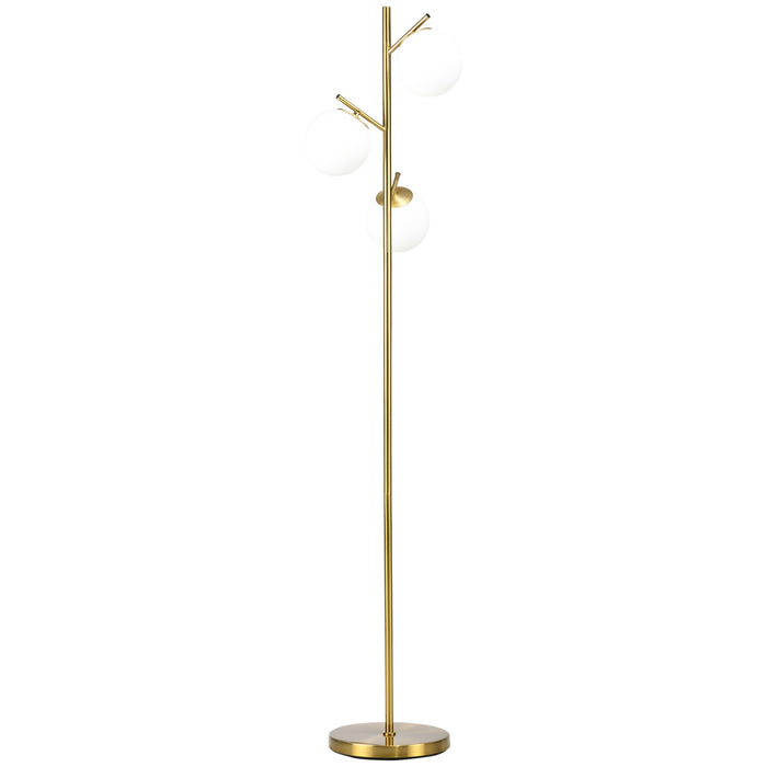 Contemporary 3-Light Tree Floor Lamp - Globe Lampshades, Steel Base, Gold Tone Finish - Stylish Illumination for Living Room and Bedroom