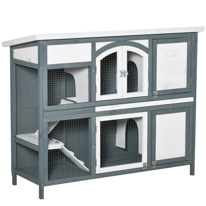 Wooden Two-Tier Rabbit Hutch with Openable Roof - Guinea Pig Cage with Slide-Out Tray & Ramp, Grey - Ideal for Small Pet Housing and Easy Maintenance