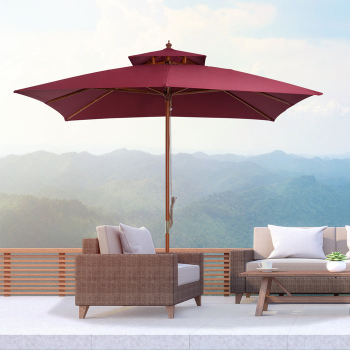 3M Bamboo Patio Umbrella - Wine Red Outdoor Parasol - Elegant Sunshade for Garden, Deck, and Patio