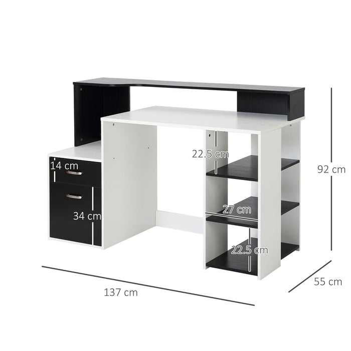 Modern Home Office Computer Desk with Printer Shelf - Writing Workstation with Storage Drawer and Shelves - Ideal for Study Room and Small Spaces, Black and White Design