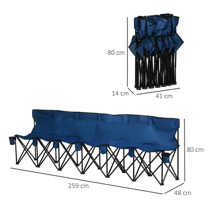 6-Seater Sports Bench with Cup Holders - Portable Folding Seating for Outdoor, Picnic, Camping, Spectators - Durable Steel Frame & Includes Carry Bag, Blue